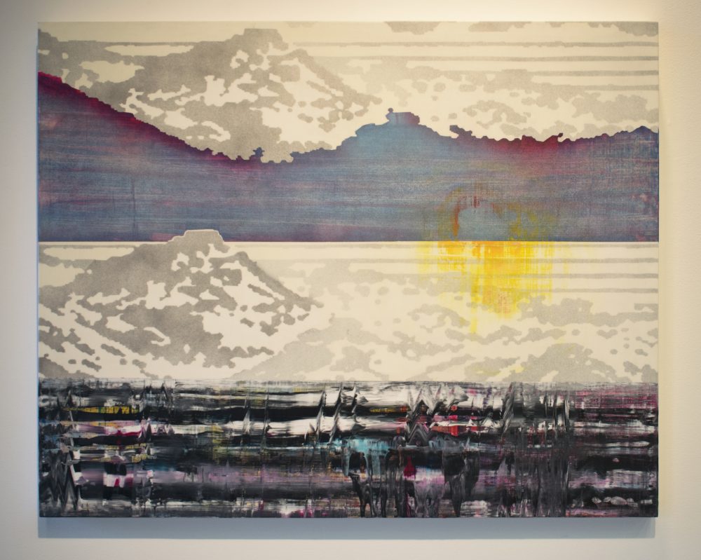 Abstract landscape painting with mountain forms; comprised of four horizontal bands of color - white, blue, white and black.