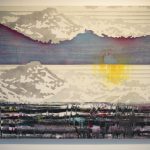 Abstract landscape painting with mountain forms; comprised of four horizontal bands of color - white, blue, white and black.