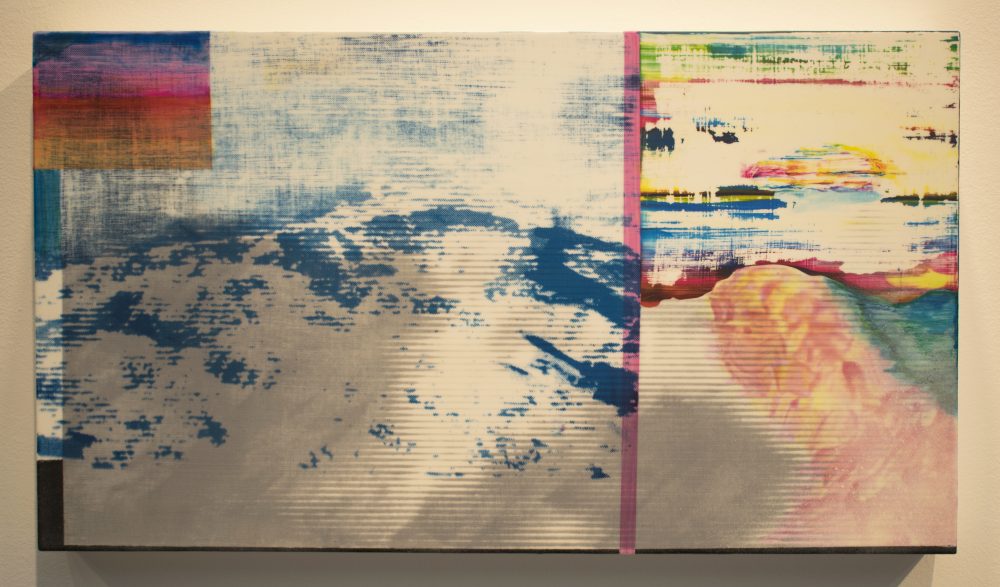 Abstract landscape painting with mountain forms and a pink stripe that divides the canvas in two parts; horizontal lines run across the field and colors include blue, white, red, yellow and green.