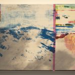 Abstract landscape painting with mountain forms and a pink stripe that divides the canvas in two parts; horizontal lines run across the field and colors include blue, white, red, yellow and green.