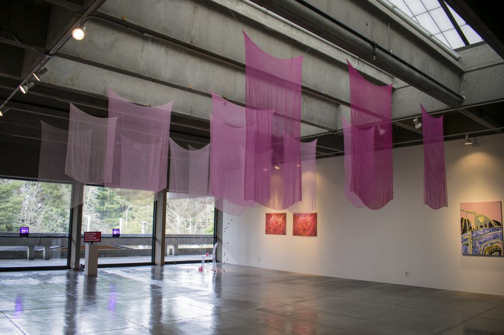 Art gallery with rectangles of sheer pink fabrics hanging from the ceiling at the center of the room; to the right are 3 paintings hanging on the wall; on the left are a video monitor and lights; in the far corner of the room is a plastic chair sculpture.