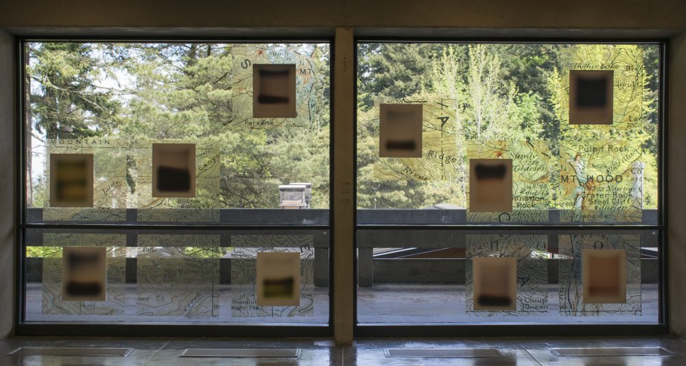 10 abstract landscape photos mounted on 2 large windows that look outside to a view of trees and a concrete walkway.