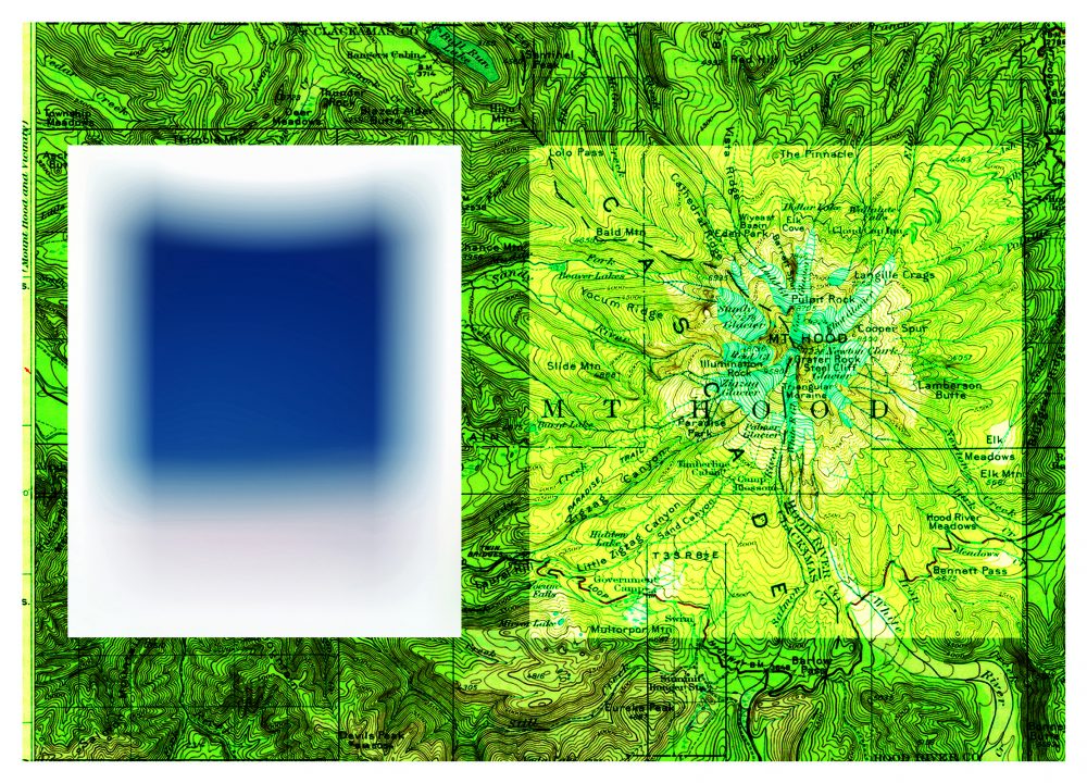 Artwork consisting of a green topographical map as a background with two rectangles on top; on the left is a white rectangle with a blue square in it, and on the right is a rectangular map in a lighter shade of green than the background.
