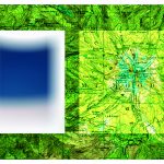 Artwork consisting of a green topographical map as a background with two rectangles on top; on the left is a white rectangle with a blue square in it, and on the right is a rectangular map in a lighter shade of green than the background.