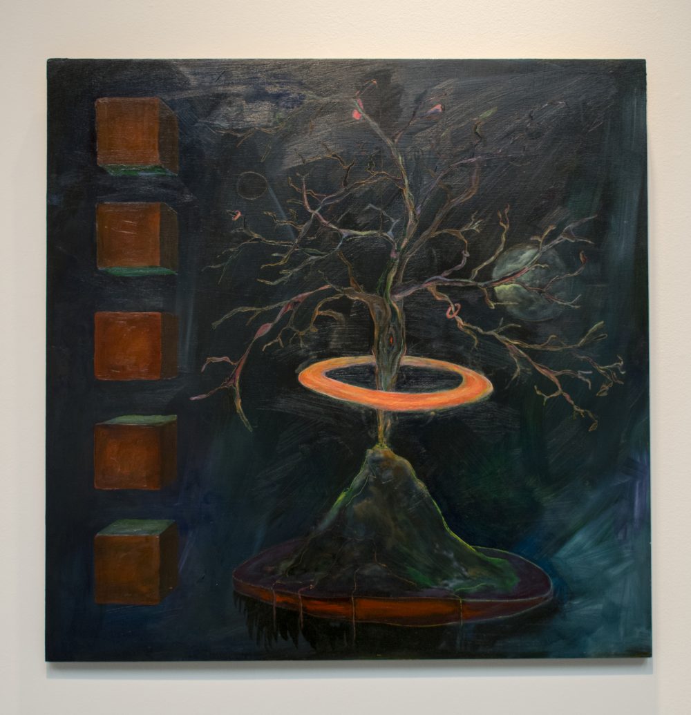 Abstract painting of a volcano mountain with a leafless tree growing out of the top; an orange ring is floating and encircling the trunk of the tree; on the left are five brown and green cubes that are arranged in a column with spaces between them.
