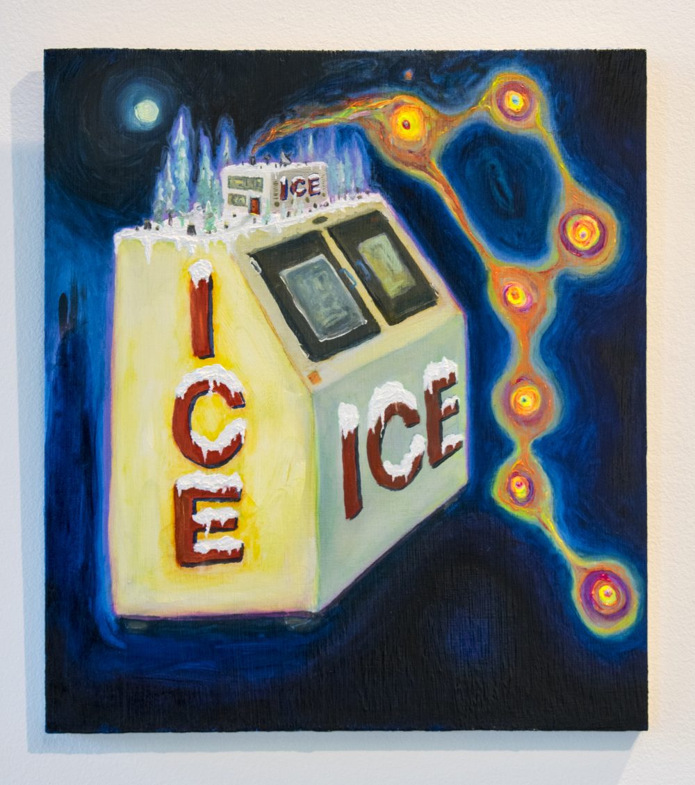 Painting of yellow ice machine with red letters spelling "ICE" , with abstracted orange circle forms that are connected with orange lines that appear to come out of the ice machine. The painting background is dark blue.