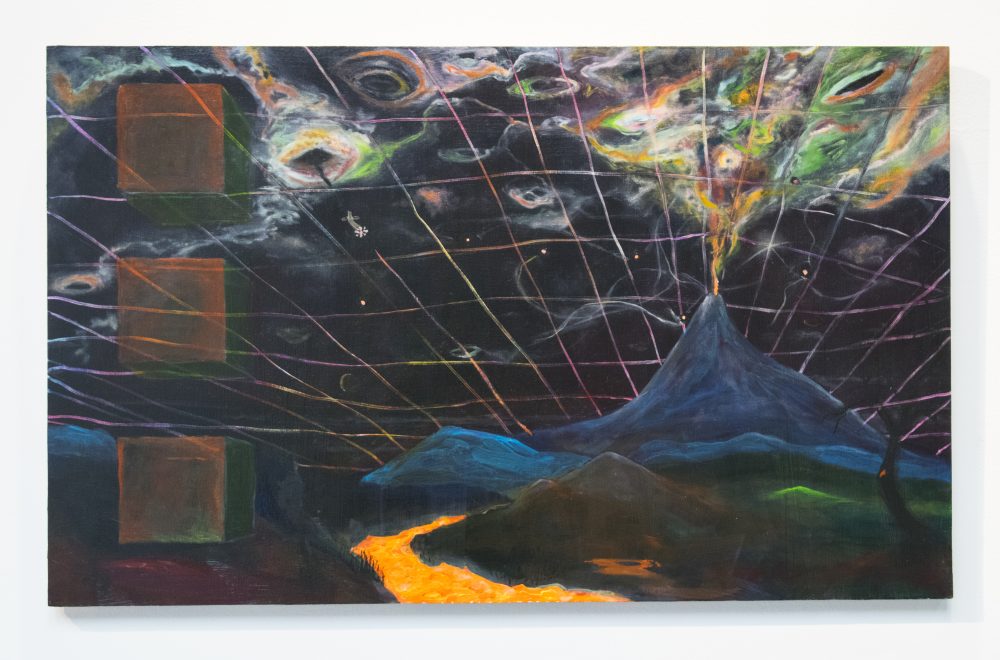 Abstract painting of landscape with blue volcano on right side, with orange, green, and white smoke rising out of it; a black sky with a linear grid is in the background, an orange river of lava in the foreground, three brown and green cubes are on the left side of the canvas.