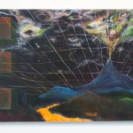 Abstract painting of landscape with blue volcano on right side, with orange, green, and white smoke rising out of it; a black sky with a linear grid is in the background, an orange river of lava in the foreground, three brown and green cubes are on the left side of the canvas.