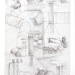 Silverpoint and graphite drawing of industrial pipes and birds
