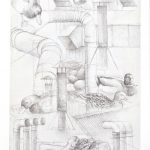 Silverpoint and graphite drawing of industrial pipes and birds