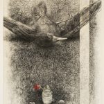 Charcoal and pastel drawing of dead bird on its back with a red rose in a jar of water beside it.