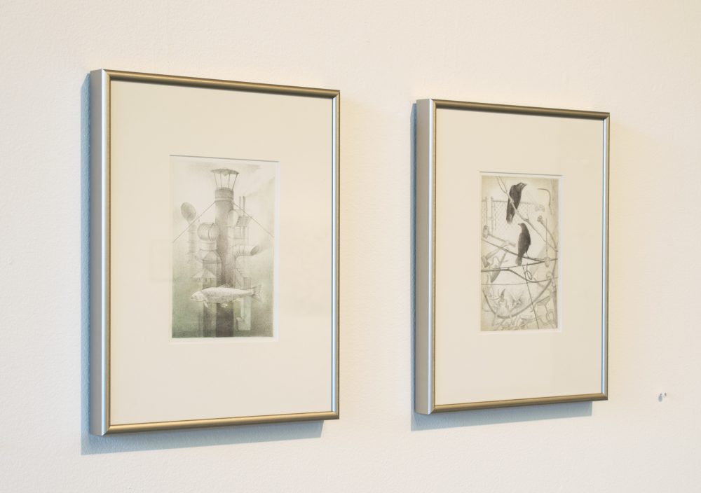 Two framed drawings on wall; one with a fish and industrial pipes; the other of black birds in the midst of wires.