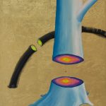 Painting of blue tree trunk cut in half revealing pink and yellow tree rings; gold leaf background; a black curved rod or stick is behind the tree, also cut in two pieces.