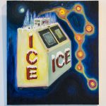 Painting of a yellow ice machine; red letters that spell our ICE; dark blue background; orange circles on left side of canvas.