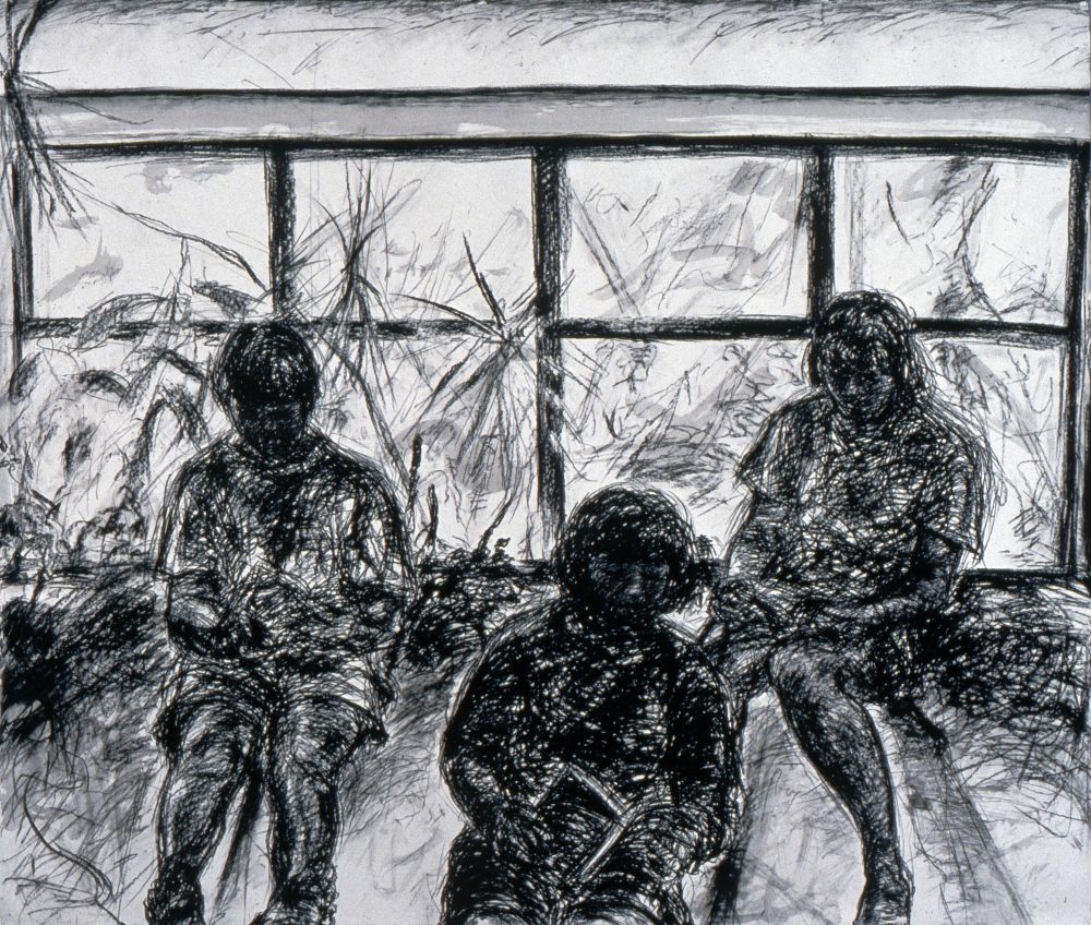 Charcoal drawing on white paper of three girls sitting and reading books; behind them is a grid with plant forms beyond.