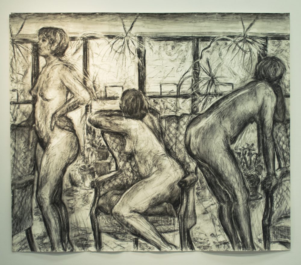Large charcoal drawing of three female figures in room, one seated on chair in center, window with plants in background