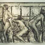 Large charcoal drawing of three female figures in room, one seated on chair in center, window with plants in background