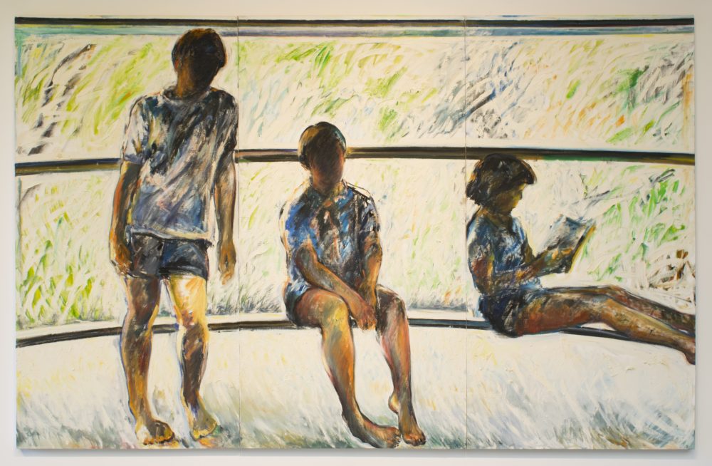 Large oil painting of 3 figures, one on left is standing, the others are seated, the background is primarily white with green, orange, and blue brushstrokes; the figures are rendered in black, blue, red, brown, and yellow.