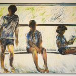 Large oil painting of 3 figures, one on left is standing, the others are seated, the background is primarily white with green, orange, and blue brushstrokes; the figures are rendered in black, blue, red, brown, and yellow.