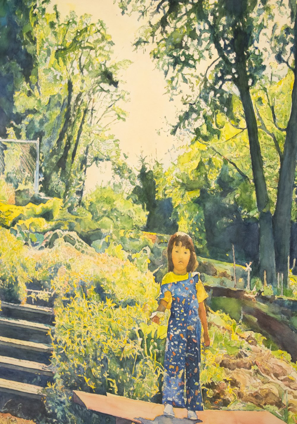 Watercolor painting of young girl standing in garden, with steps on the left side, rocks on the right, flowers and trees around and above her. Blue, yellow and green are predominant colors.