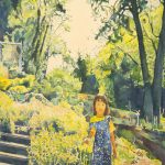 Watercolor painting of young girl standing in garden, with steps on the left side, rocks on the right, flowers and trees around and above her. Blue, yellow and green are predominant colors.