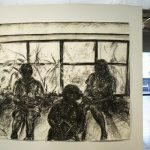 Panorama view of art in gallery, showing 4 large scale drawings of human figures on the left wall, a charcoal drawing of 3 children reading by window in the center, and on the right wall: 2 large charcoal drawings of figures, one large oil painting, and 4 framed watercolors.