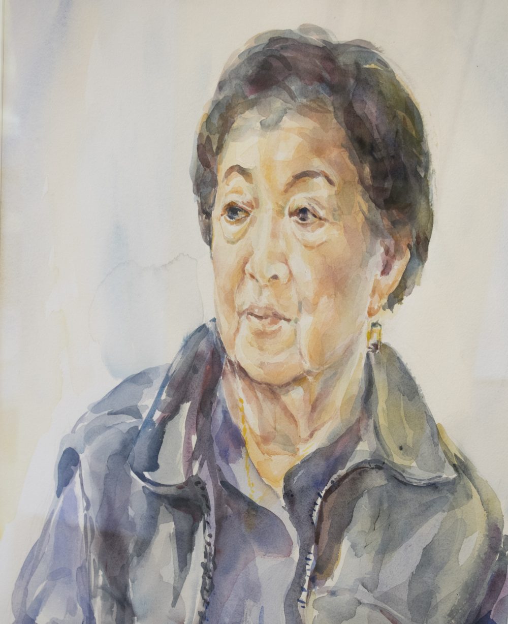 Watercolor portrait of elderly woman; showing her face looking to the left of the frame and including her shoulders
