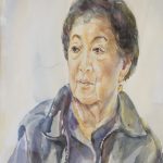 Watercolor portrait of elderly woman; showing her face looking to the left of the frame and including her shoulders