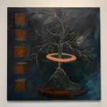 Abstract painting of a volcano mountain with a leafless tree growing out of the top; an orange ring is floating and encircling the trunk of the tree; on the left are five brown and green cubes that are arranged in a column with spaces between them.