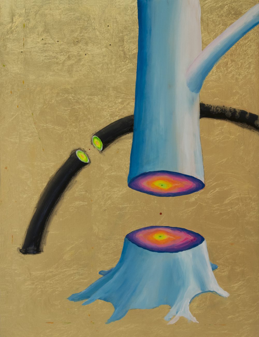 Abstract painting with a gold leaf background, a blue tree cut in half to reveal pink and yellow within; a black curved twig-like form is behind this tree.