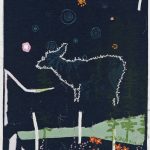 The image is of artwork. It is screenprint embroidery & machine stitching on recycled fabric. The image appears to be an embroidered sheep, with embroidered flowers and stars.
