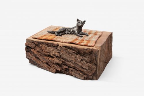 Companion Species (Ancient One), Cast bronze, reclaimed wool blanket (artist's grandmother's), Western walnut base, 2 x 6.25 x 3.25 in., 2017