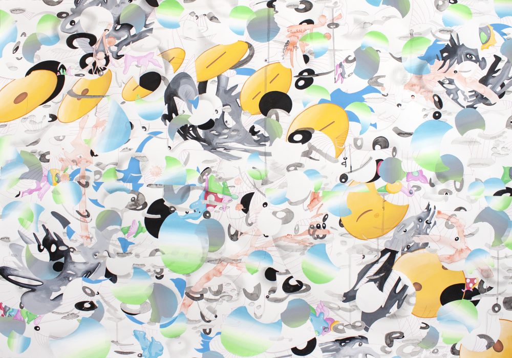 Abstract painting with an overall pattern of pastel blue and green shapes intersecting with white and grey forms. A line of yellow discs moves across the painting from the upper left to the lower right corner, and ther are black and white eye shapes throughout.