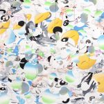 Abstract painting with an overall pattern of pastel blue and green shapes intersecting with white and grey forms. A line of yellow discs moves across the painting from the upper left to the lower right corner, and ther are black and white eye shapes throughout.