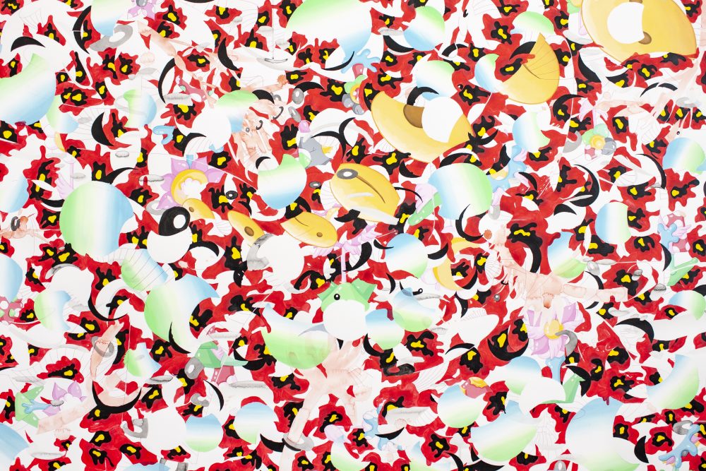 Abstract painting with ovoid shapes in light blue, white, green and yellow, with red, black and yellow squiggly forms in between.