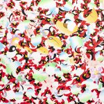 Abstract painting with ovoid shapes in light blue, white, green and yellow, with red, black and yeloow squiggly forms in between.