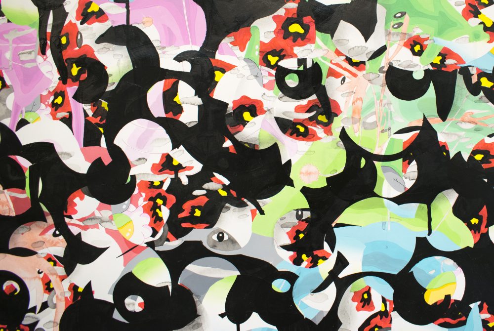 Detail view of abstract painting showing an overall pattern of black, curved shapes layered on pastel blue, green and pink shapes. There are red and yellow poppy flower forms and black and white eye shapes throughout.