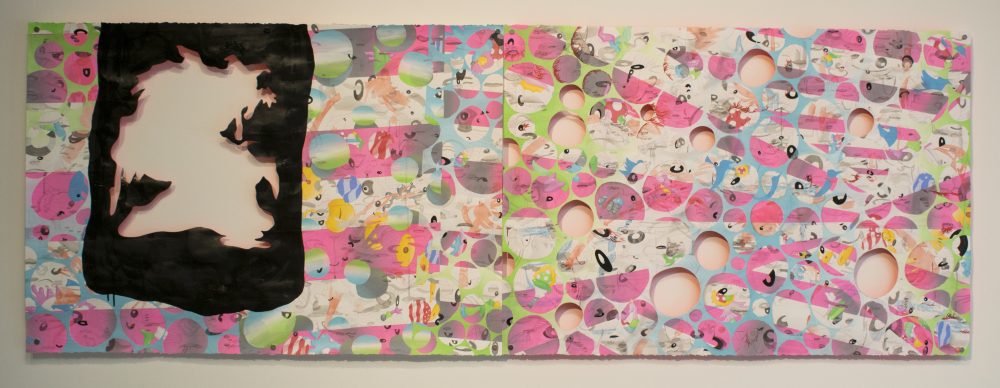 Long, horizontal painting on paper with rectangular, black shape on the left that has a large multi-lobed form cut out of the paper. The rest of the painting is patterned with pink and white stripes and blue and green curved forms, and has several circles cut out of the paper.