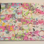 Long, horizontal painting on paper with rectangular, black shape on the left that has a large multi-lobed form cut out of the paper. The rest of the painting is patterned with pink and white stripes and blue and green curved forms, and has several circles cut out of the paper.