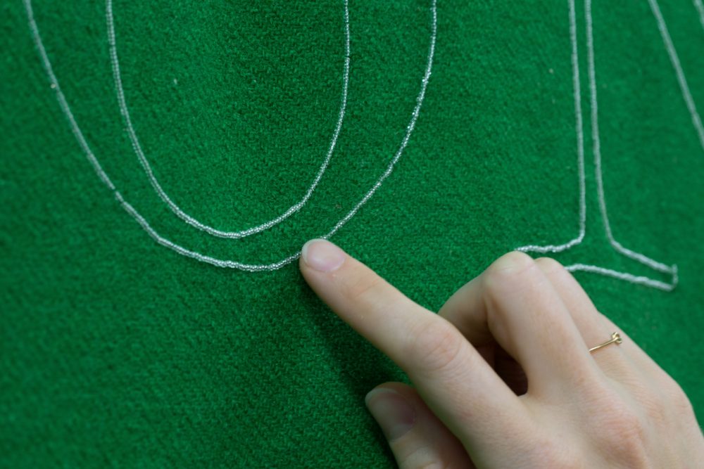 Placeholder reclaimed wool blanket, clear transparent glass Czech seed beads, thread 56.5 x 140.25 in 2017 Detail