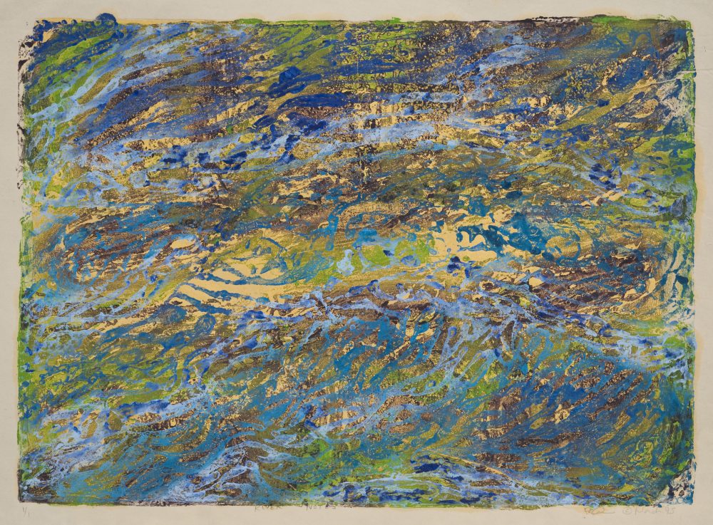 the image is of collagraph artwork - made with a mix of colors: blue, green yellow, beige, orange.