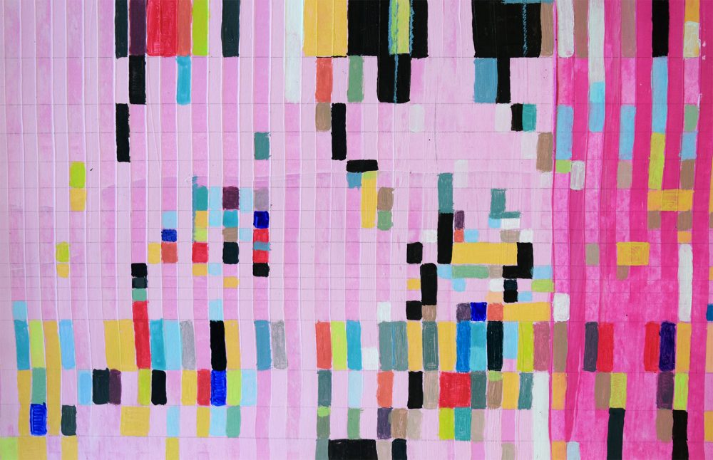 Detail view of larger wall installation. Abstract painting based on a grid, showing rectagular and square forms on a predominantly pink background. Colors include many shades of red, green,black, pink, yellow, blue, orange and white.
