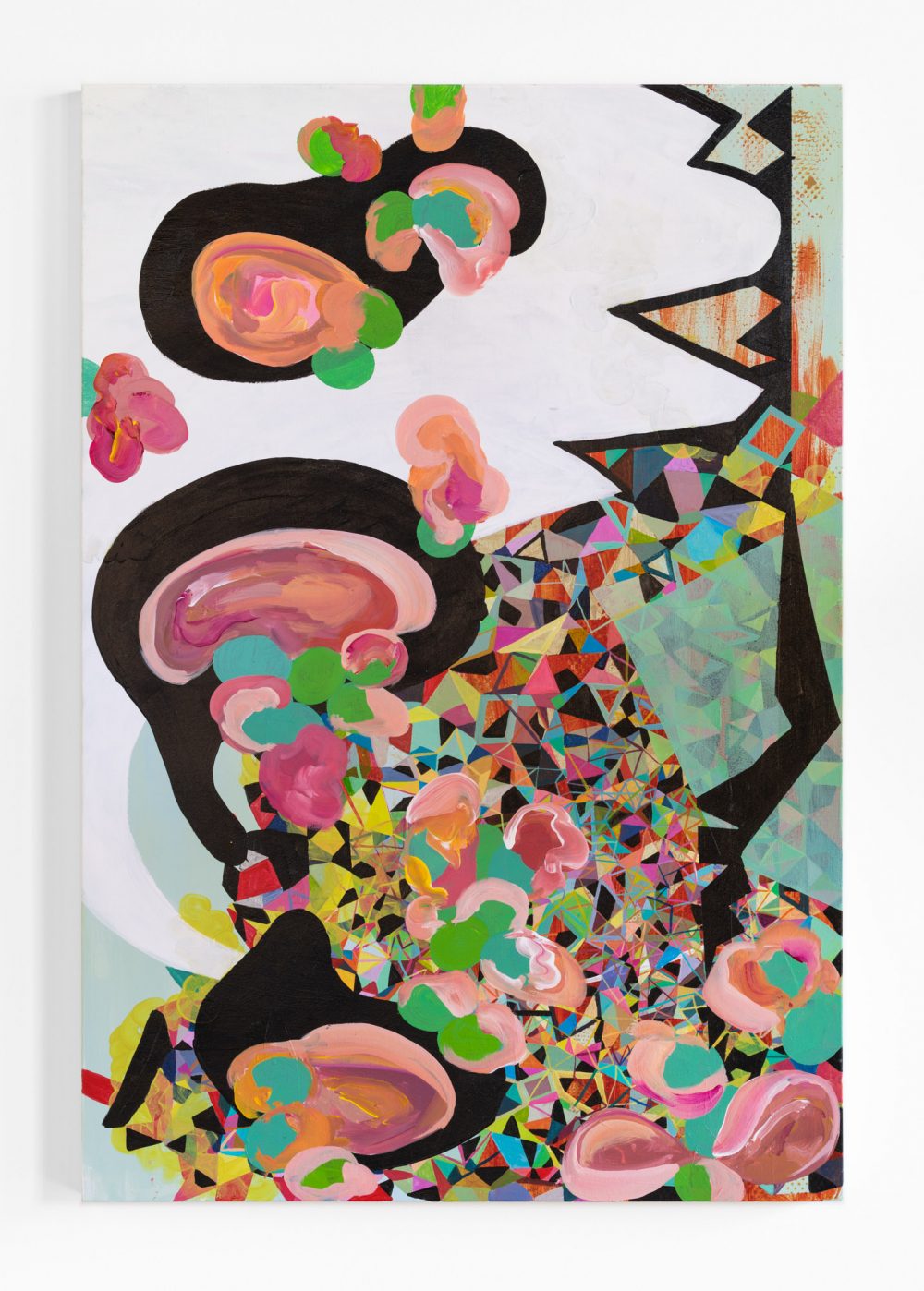 Vertical abstract multicolored painting consisting of layers of shapes. The painting is visually divided on a diagonal with the upper left corner dominated by a large white shape with smaller ovoid shapes floating on top. The lower right has a background of small interlocking geometric forms with the same ovoid shapes floating in the foreground. Colors include many shades of red, green, pink, yellow, black, blue, orange and white.