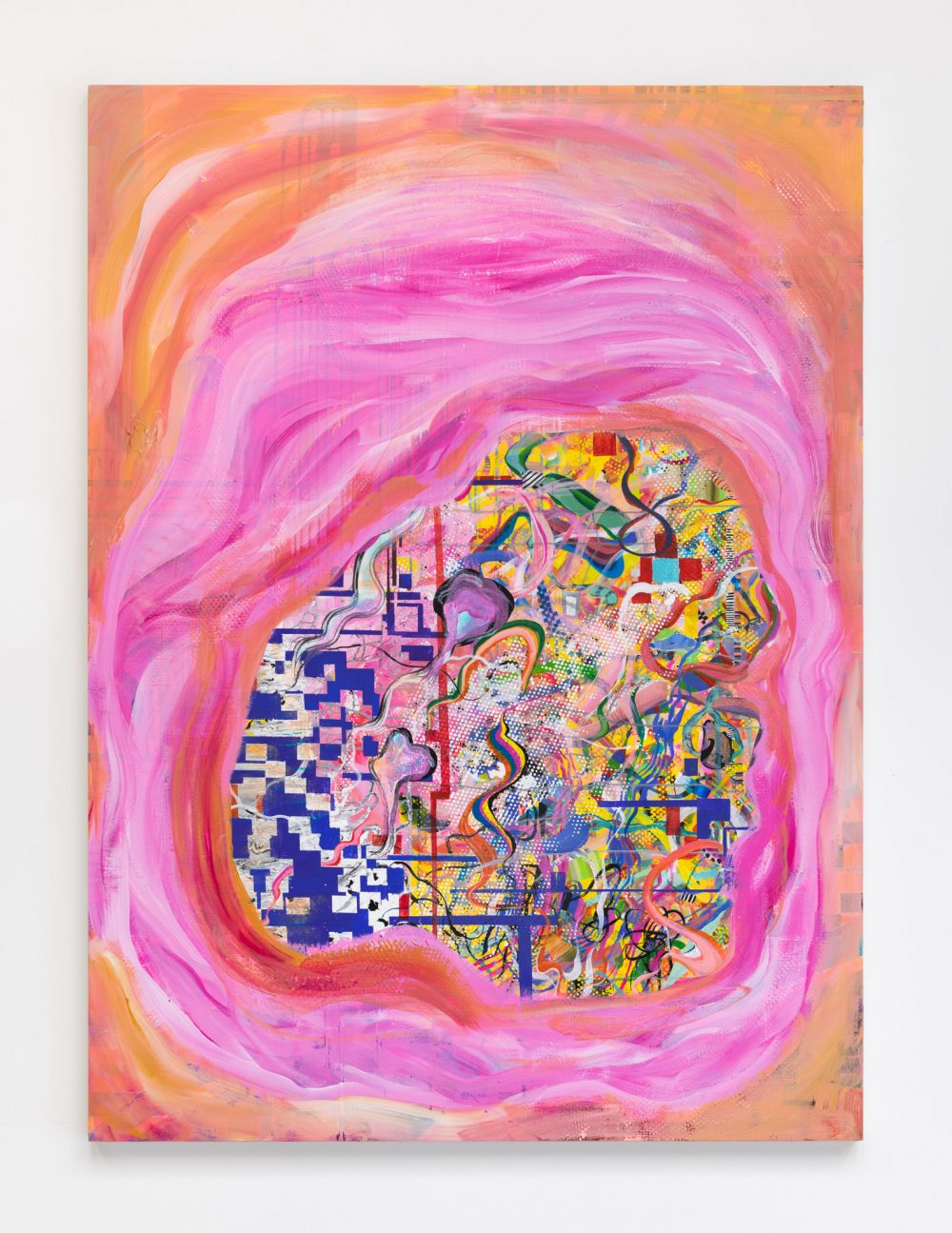 Vertical abstract multicolored painting consisting of layers of shapes. Orange and pink concentric brush strokes form the periphery of the image. At the center are varied small shapes and lines that are layered over one another and appear to be floating within the pink shape. Colors include many shades of red, green, pink, yellow, blue, orange and white.