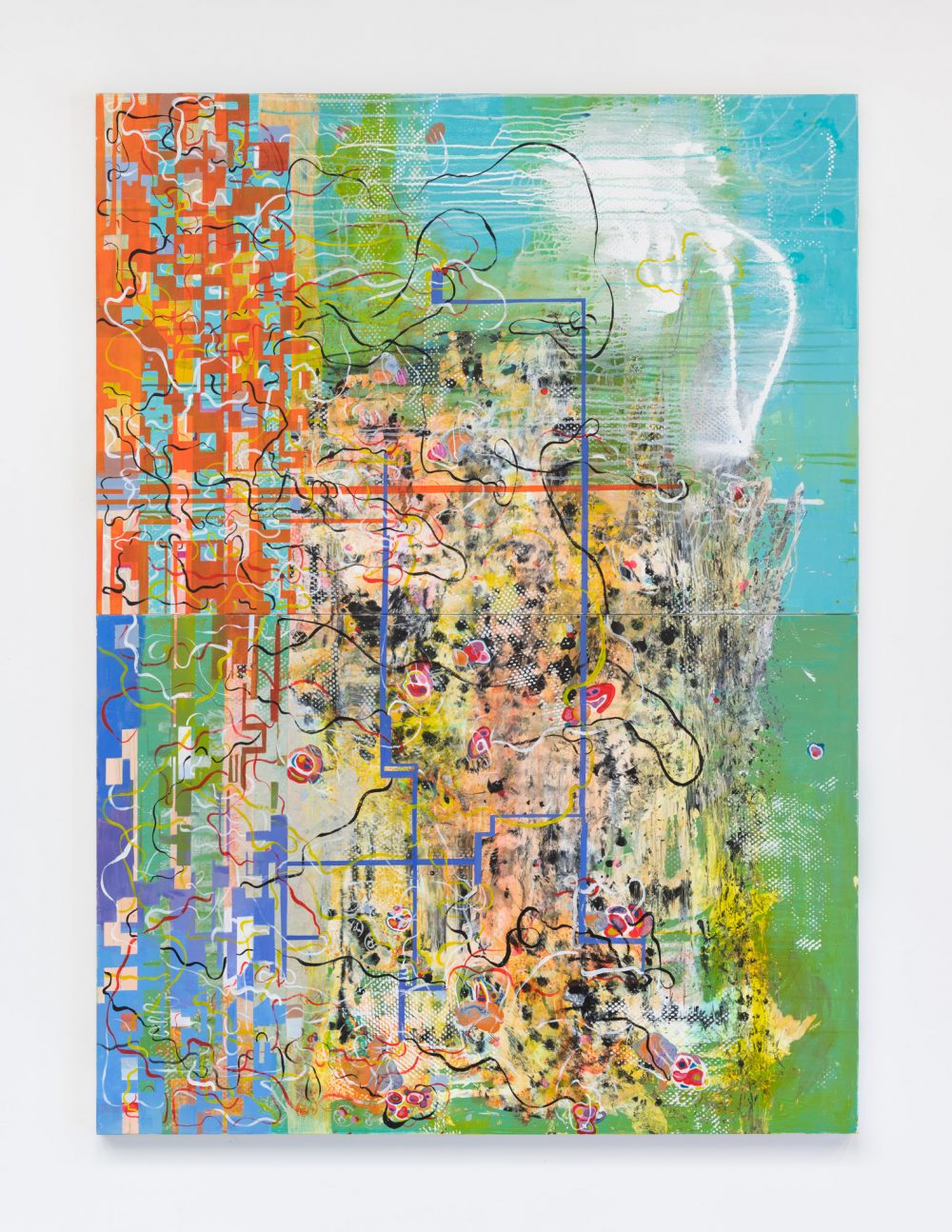 Vertical abstract multicolored painting consisting of layers of shapes. The space divided in two, with mostly blue and orange on top and green and blue on the bottom. Discreet layers of differing shapes and lines in contrasting colors are layered on one another to create an atmosphere of apparent nonstop activity.
