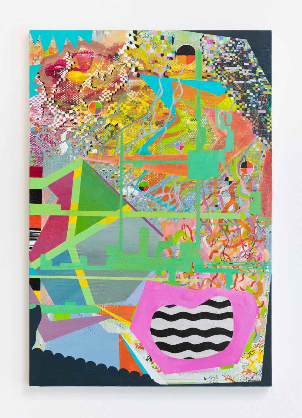 Vertical abstract multicolored painting consisting of layers of shapes. On the bottom right foreground is a pink form with black and white horizontal wavy lines inside; on the bottom left foreground a black triangle with a scalloped edge. In the center are green rectalinear lines on top of a background or various geometric forms; the top half of the painting is very busy with smaller dots and squares and thin wavy lines. Colors include many shades of red, green, pink, yellow, black, blue, orange and white.