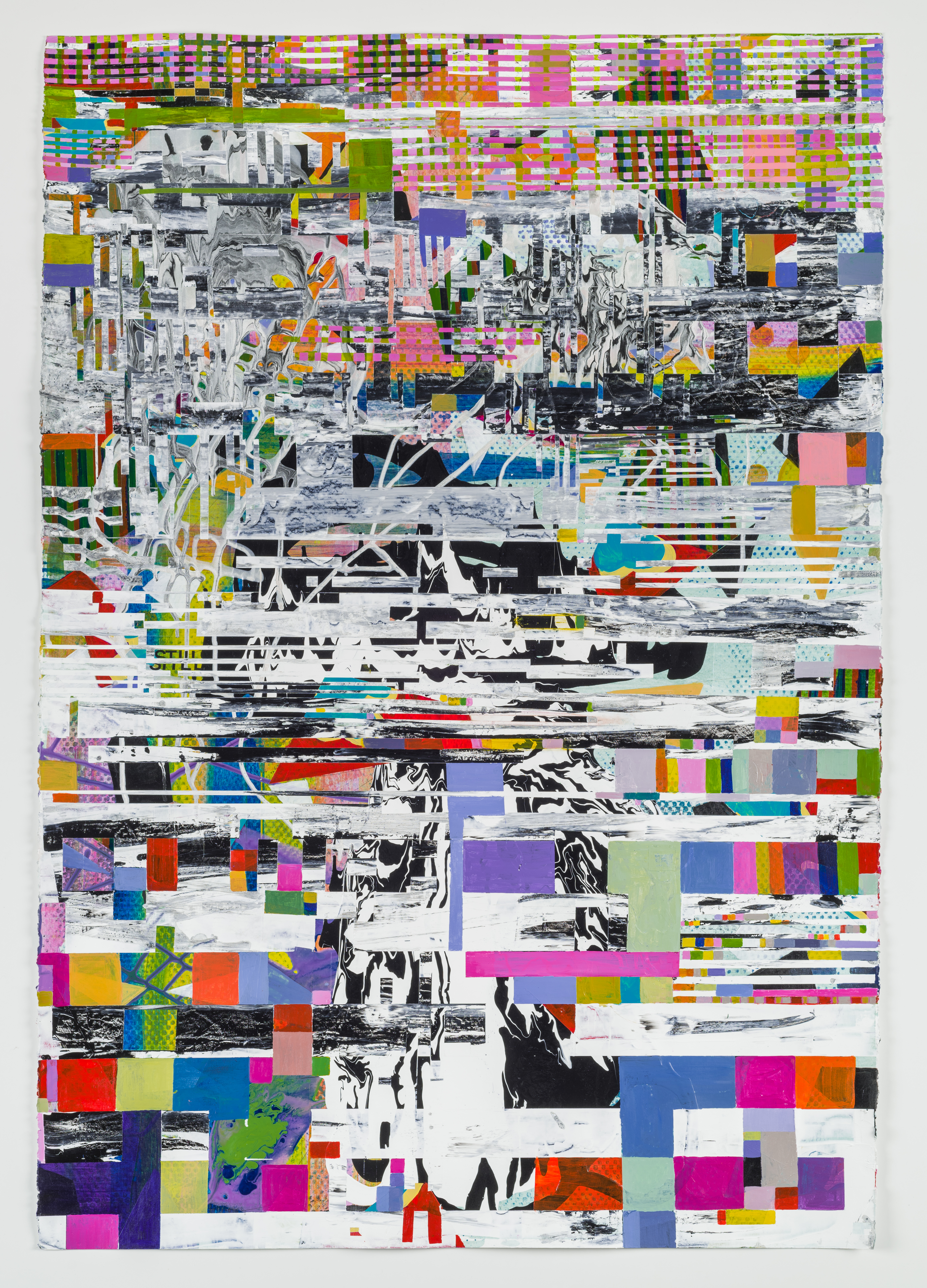 Abstract painting with collage consisting of horizontal bands on a ground of black and white. Rectangular blocks of colors – including red, orange, blue, and purple – combine with patterned areas to create an overall fluid image.