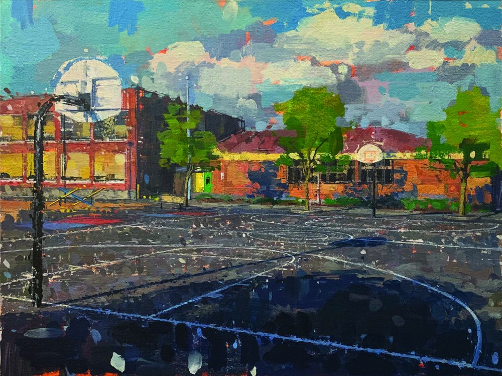 Painting of basketball court with the blacktop and hoops in the foreground and two school buildings in the background. The buildings are orange, yellow and red, the court is black and the sky is blue with white, grey and pink clouds.