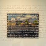 A representational painting of a schoolyard basketball court is hanging on a wall in the background. In the foreground is text describing the painting, printed on a clear acrylic panel which is placed directly in front of it.