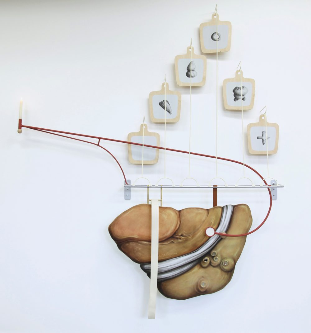 Large mixed media sculpture installed on a white gallery wall. A silver metal rod is affixed to the wall and a shaped wood panel hangs from it. The panel is painted in trompe l'oeil style. Above the rod are six smaller painted forms that are suspended from the wall and attached to the rod with white. In the middle of the form is a red wire that creates a curved line across the image.